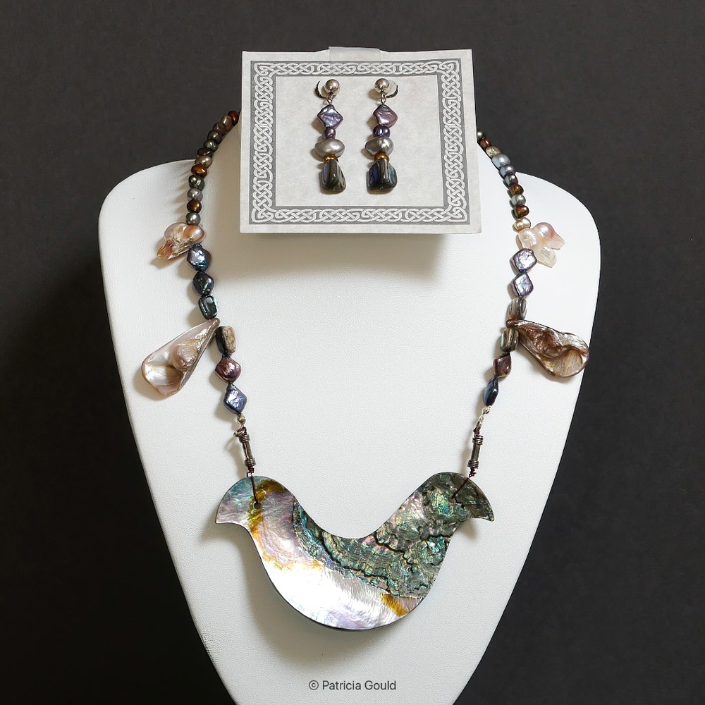 NEW - S12 - Handmade Abalone and pearl necklace and earring set - one of a kind